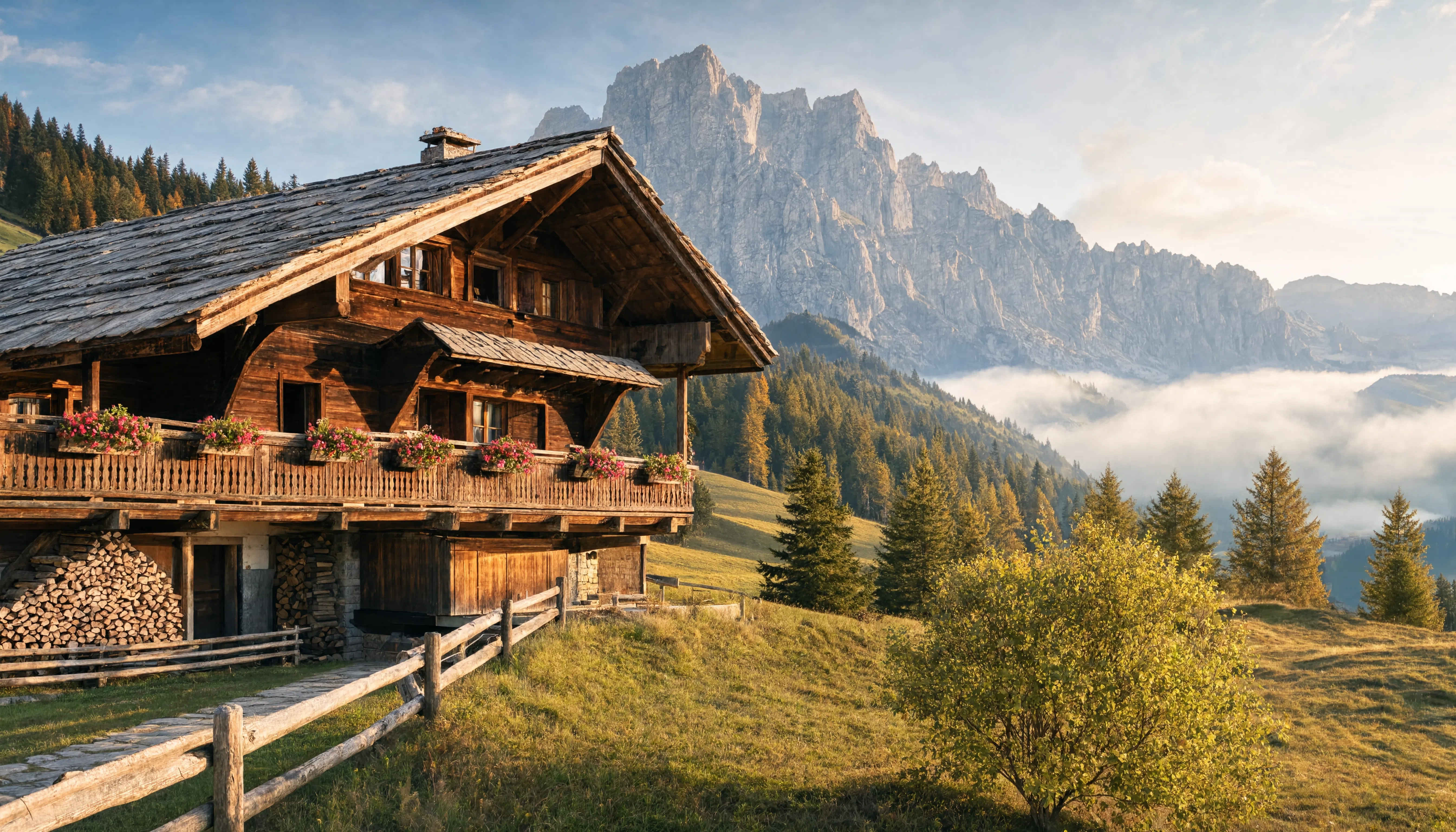 Blick vom Berggipfel auf ein stilles Alpental im Morgenlicht
