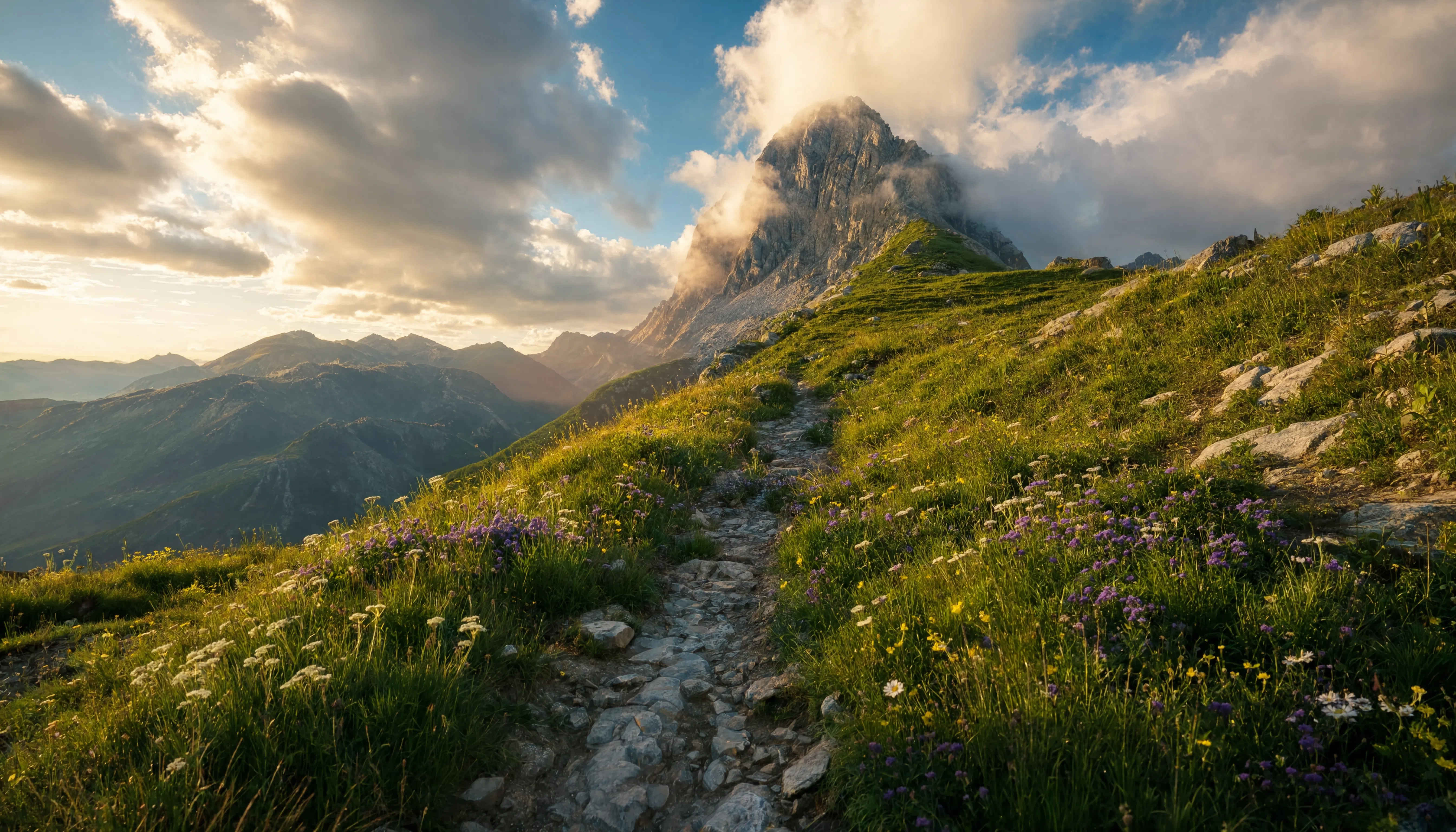 Wanderweg in den Bayerischen Alpen — Panorama über Berggipfel und Täler